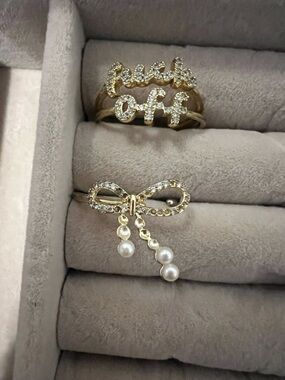 Gold Pearl Bow Ring with Crystal Accents - Women Jewelry